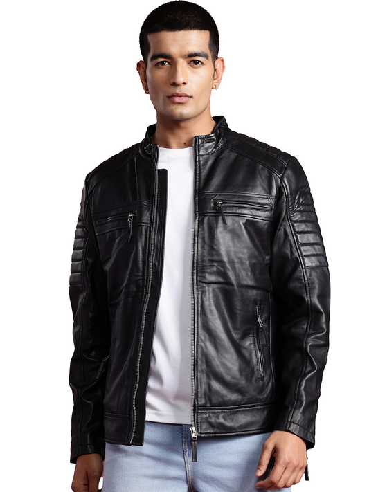 Leather Retail Genuine Leather Biker Jacket for Men's ( LRPLM41BL )