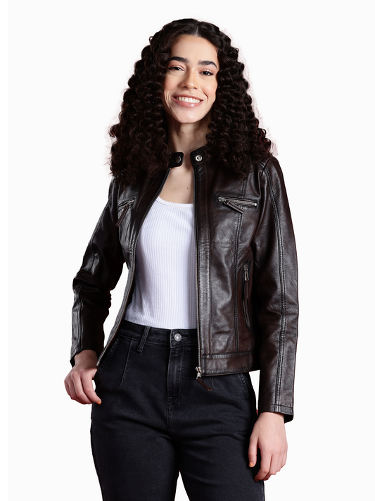 Leather Retail Genuine Leather Biker Jacket For Women's (LRPLF15CO)