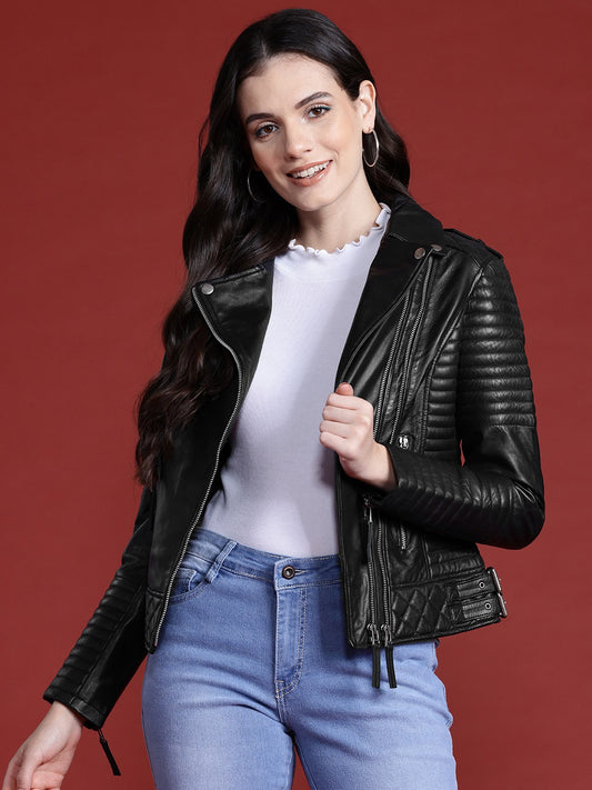 Leather Retail Female's Pure Genuine Leather Jacket(LRPLF16BL)