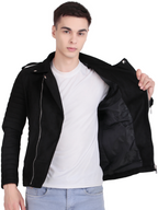 Leather Retail Men's Suede Faux Leather Printed Jacket Think Positive ( LRPRSUDRMBL )