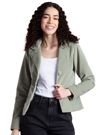 Leather Retail Women Full Sleeve Velvet Two Button Green Jacket ( LRVEL2BGR )