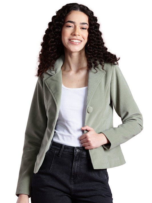 Leather Retail Women Full Sleeve Velvet Two Button Green Jacket ( LRVEL2BGR )