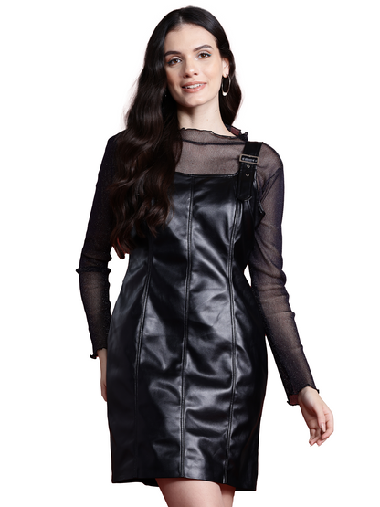 faux leather biker dress Black Textured Faux Leather Button Down Mini Dress