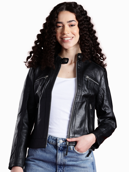 Leather Retail Genuine Leather Biker Jacket For Women's (LRPLF15BL)