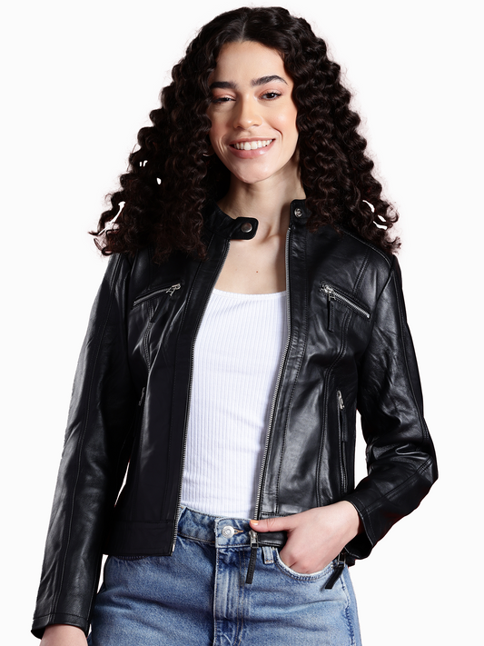 Leather Retail Genuine Leather Biker Jacket For Women's (LRPLF15BL)