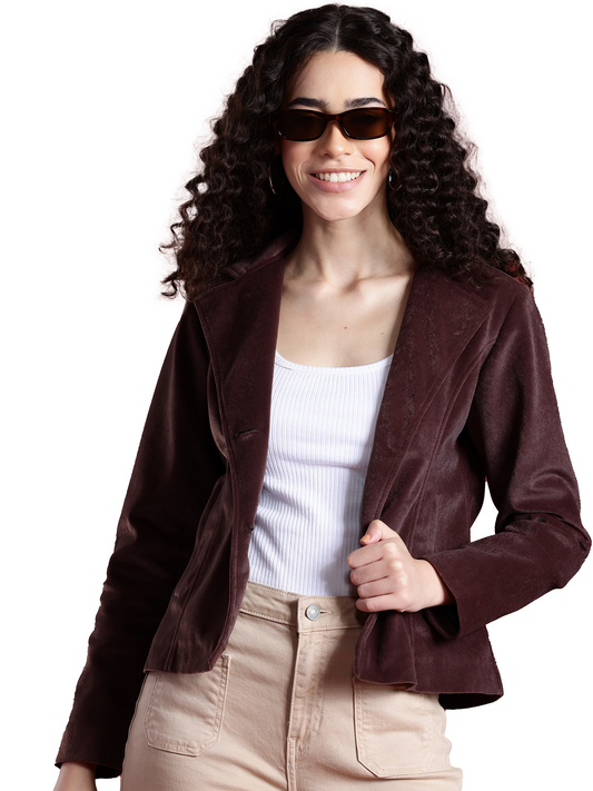 Leather Retail Women Full Sleeve Velvet Two Button Coffee Jacket ( LRVEL2BCO )