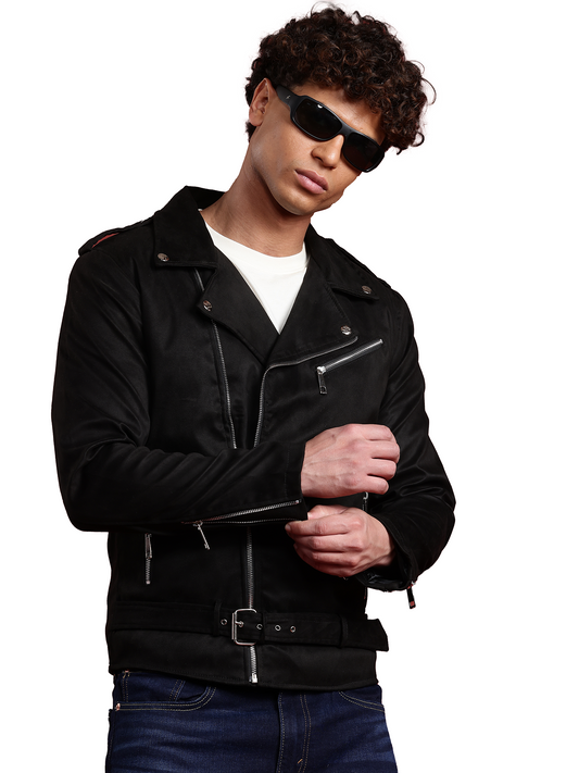 Leather Retail Mens Black Suede Leather Biker Jacket (LRSUDM11BL)