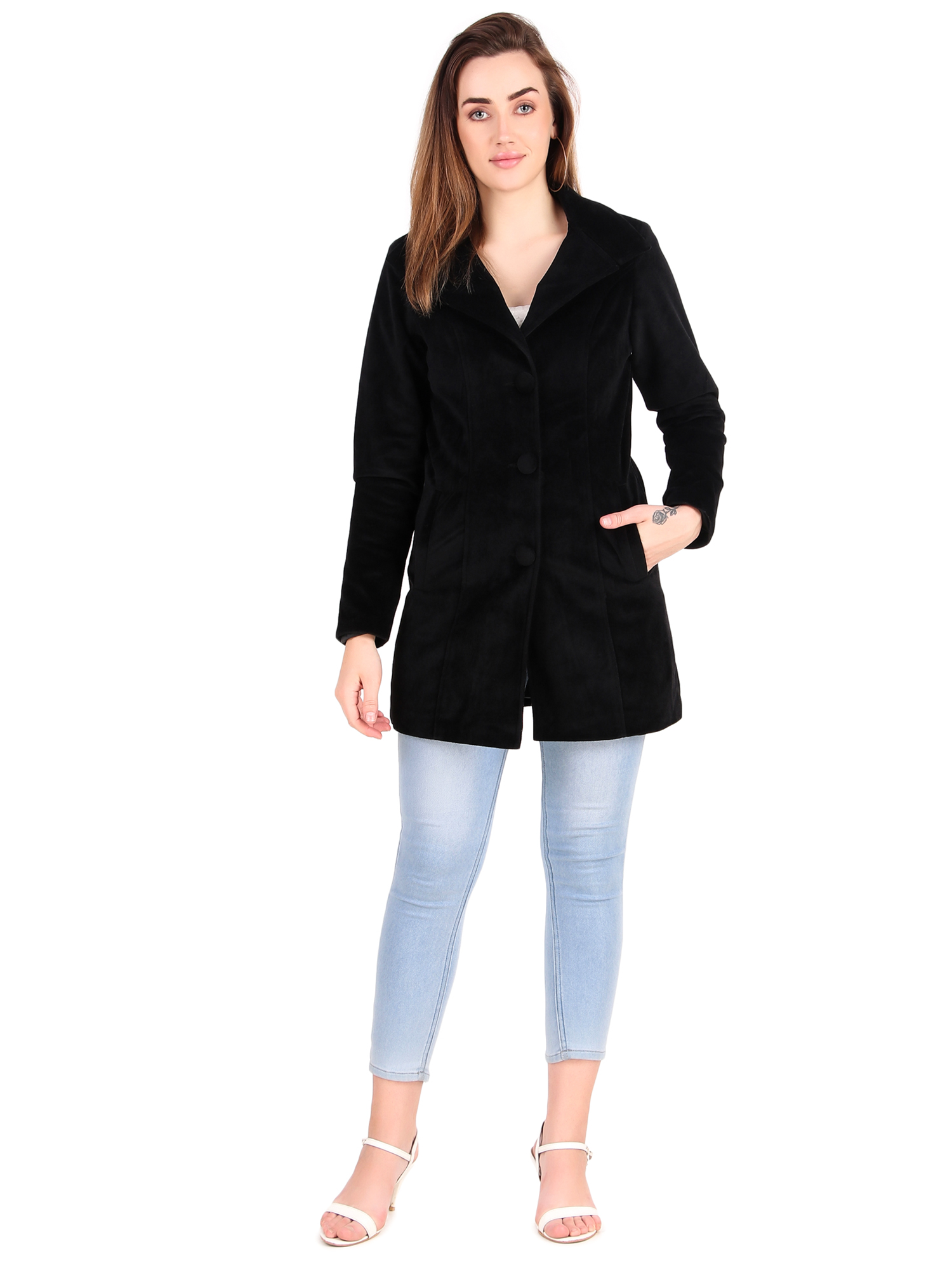 Leather Retail Long Winter Wear Velvet Jacket For Women's ( LRVEL3BBL )