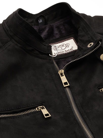 Leather Retail Men's Suede Leather Quotes Printed Jacket ( LRPRSUDDEBL )