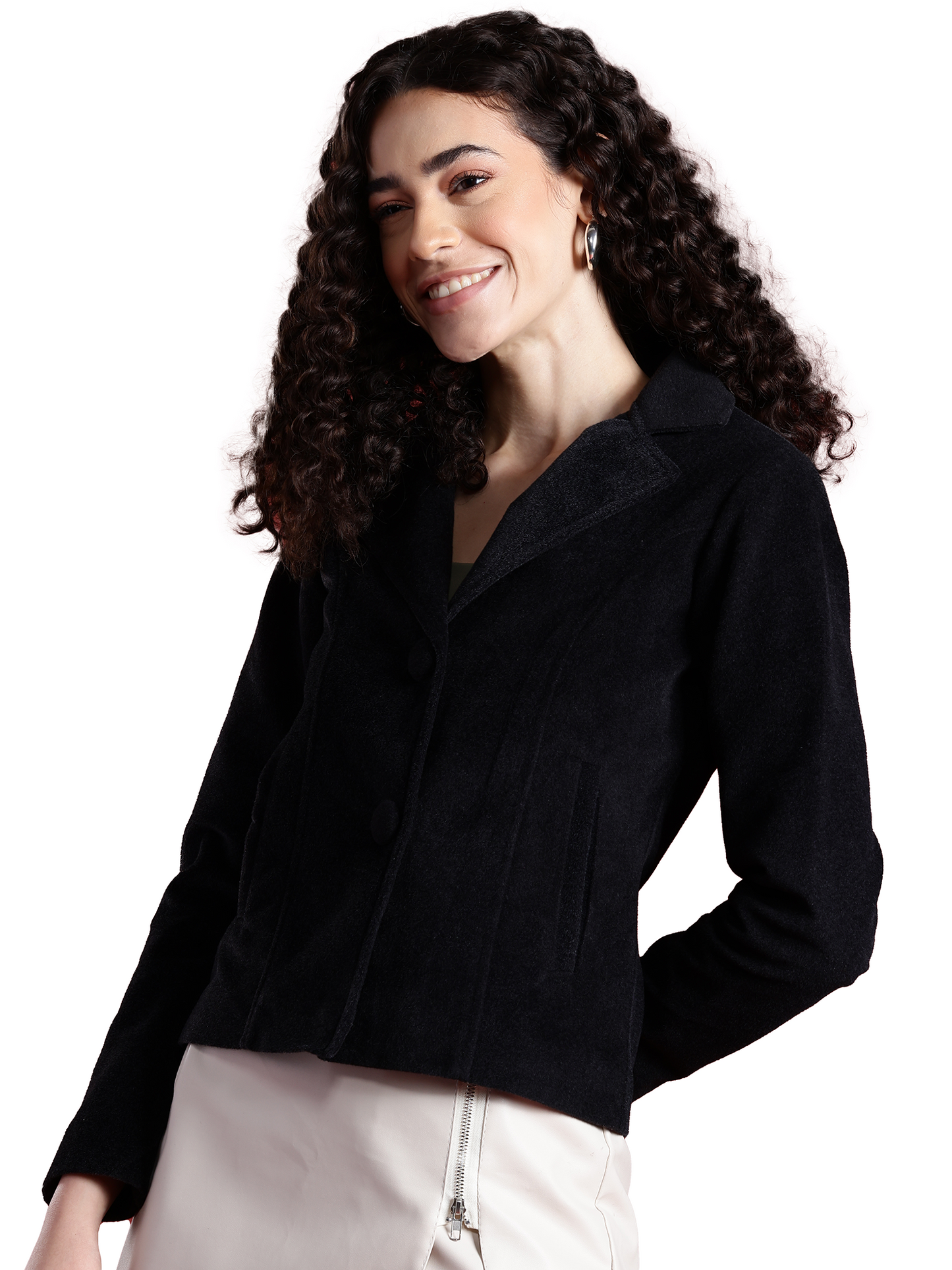 Leather Retail Women Full Sleeve Velvet Two Button Black Jacket ( LRVEL2BBL )