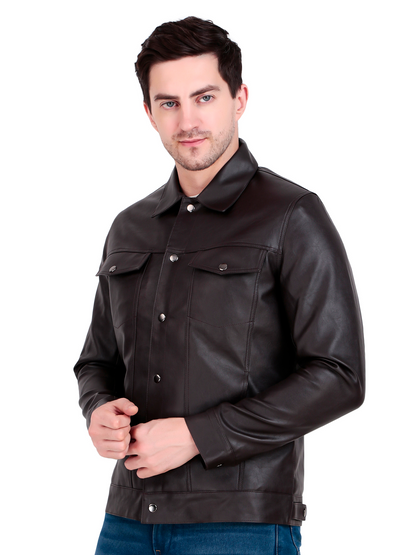 Leather Retail Coffee Faux Leather Jacket for Men's with Snap Button Closure