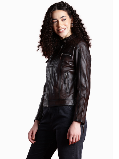 Leather Retail Genuine Leather Biker Jacket For Women's (LRPLF15CO)