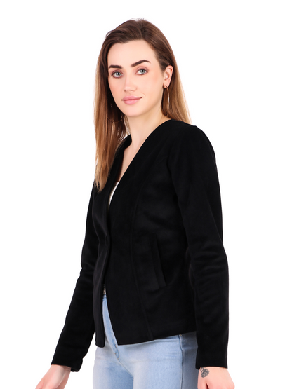 Leather Retail Single Button Winter Wear Velvet Jacket For Women's ( LRVELSBBL )