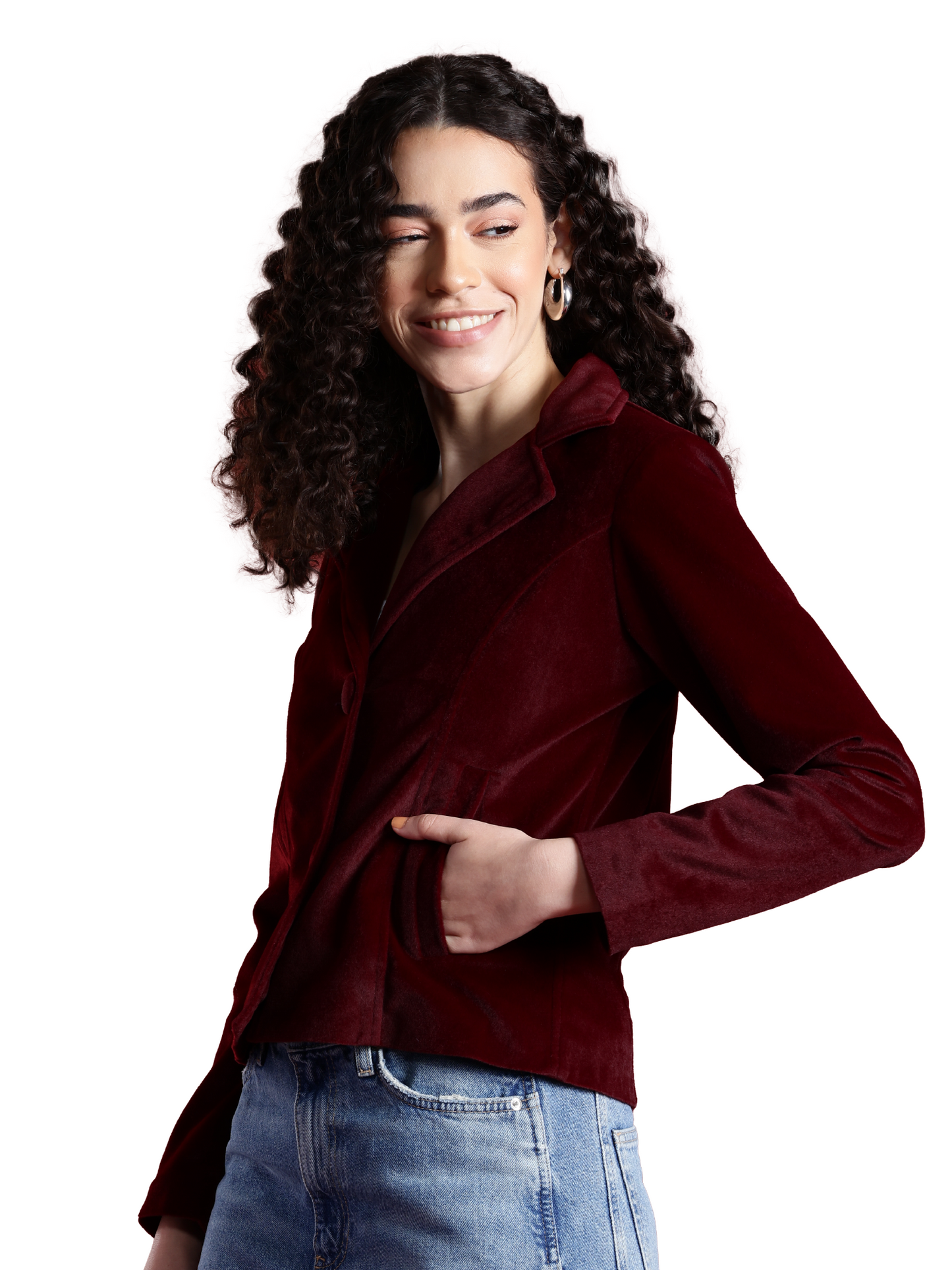 Leather Retail Women Full Sleeve Velvet Two Button Mahroon Jacket ( LRVEL2BMH )