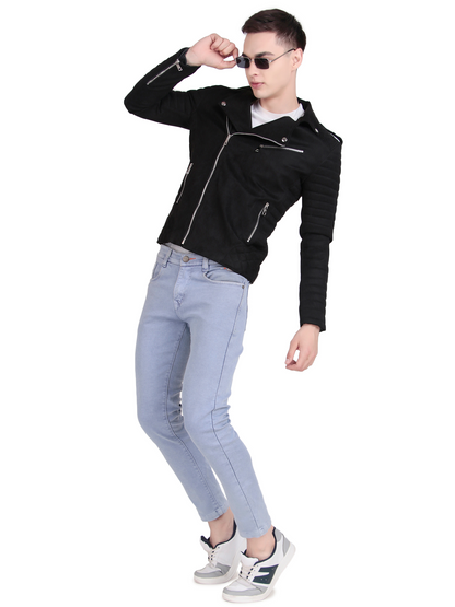 Leather Retail Men's Suede Faux Leather Printed Jacket Think Positive ( LRPRSUDRMBL)