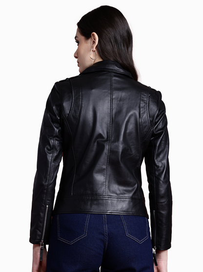 Leather Retail Genuine Leather Biker Jacket For Women's ( LRPLF14BL )