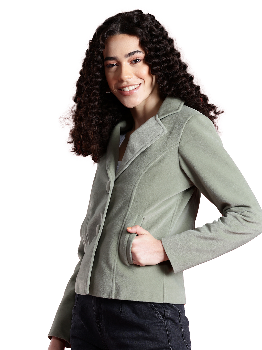Leather Retail Women Full Sleeve Velvet Two Button Green Jacket ( LRVEL2BGR )