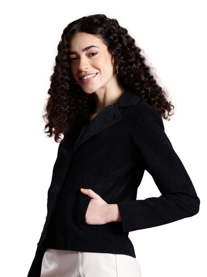 Leather Retail Women Full Sleeve Velvet Two Button Black Jacket ( LRVEL2BBL )