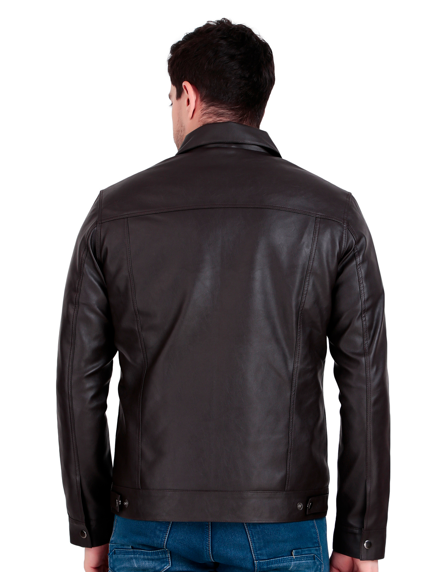 Leather Retail Coffee Faux Leather Jacket for Men's with Snap Button Closure