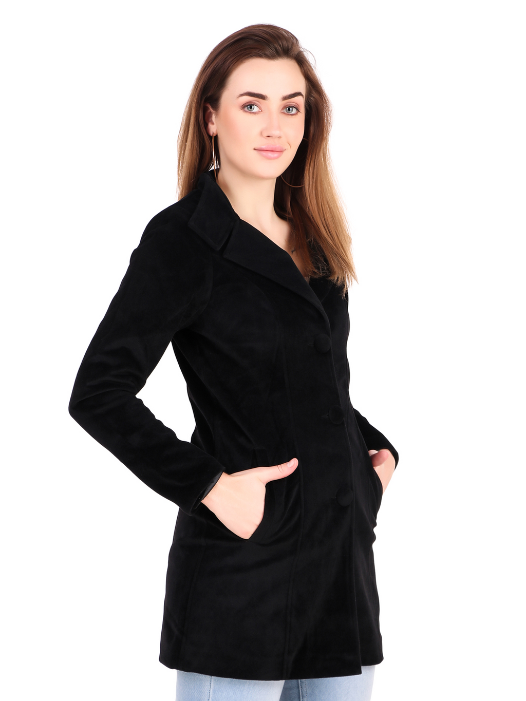 Leather Retail Long Winter Wear Velvet Jacket For Women's ( LRVEL3BBL )