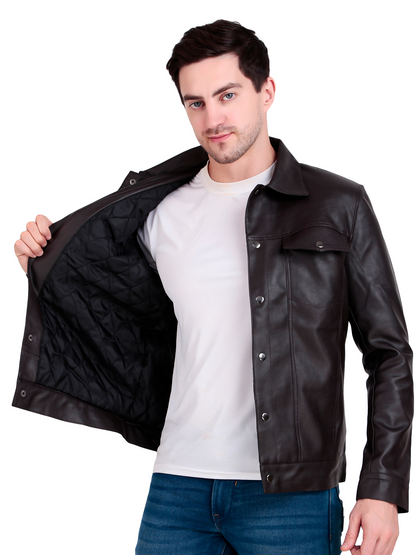 Leather Retail Coffee Faux Leather Jacket for Men's with Snap Button Closure