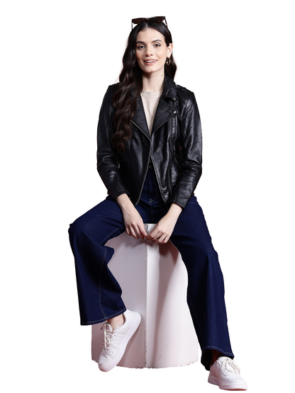 Leather Retail Genuine Leather Biker Jacket For Women's ( LRPLF14BL )