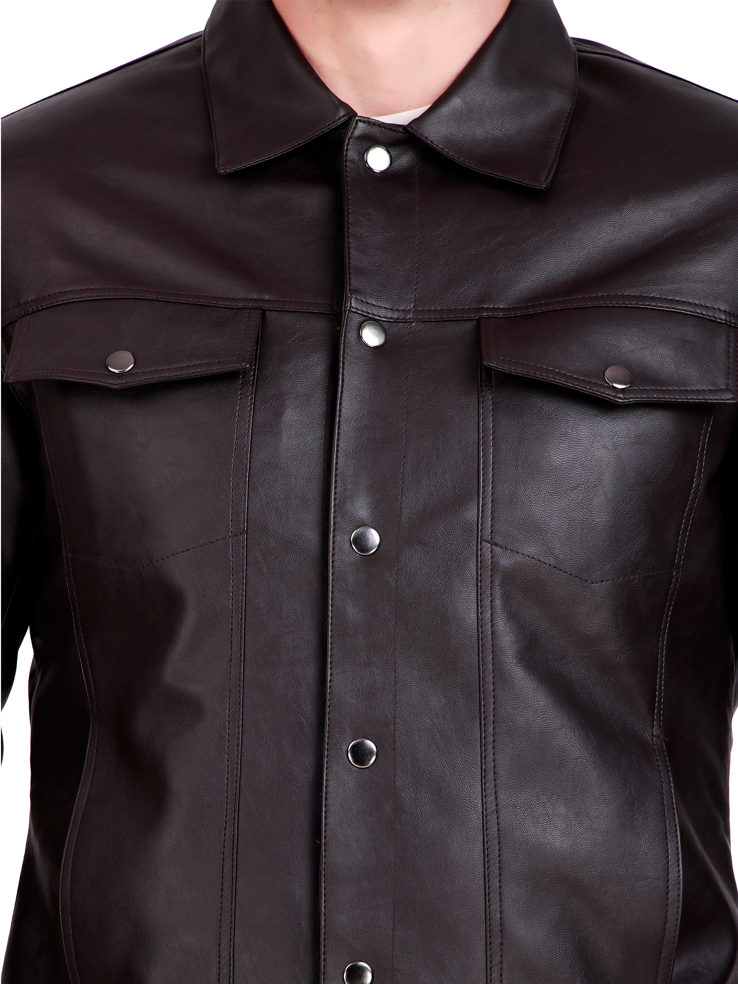 Leather Retail Coffee Faux Leather Jacket for Men's with Snap Button Closure