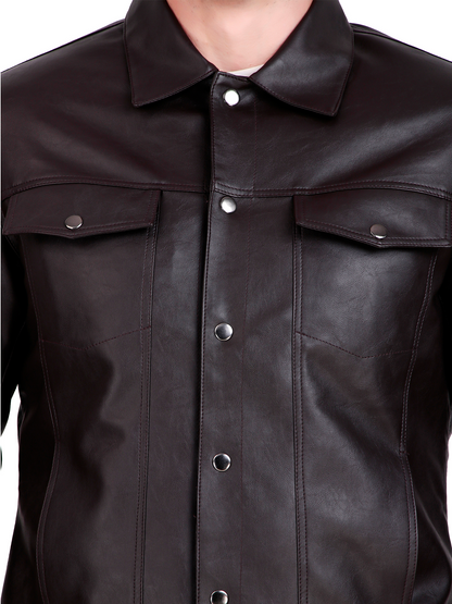 Leather Retail Coffee Faux Leather Jacket for Men's with Snap Button Closure