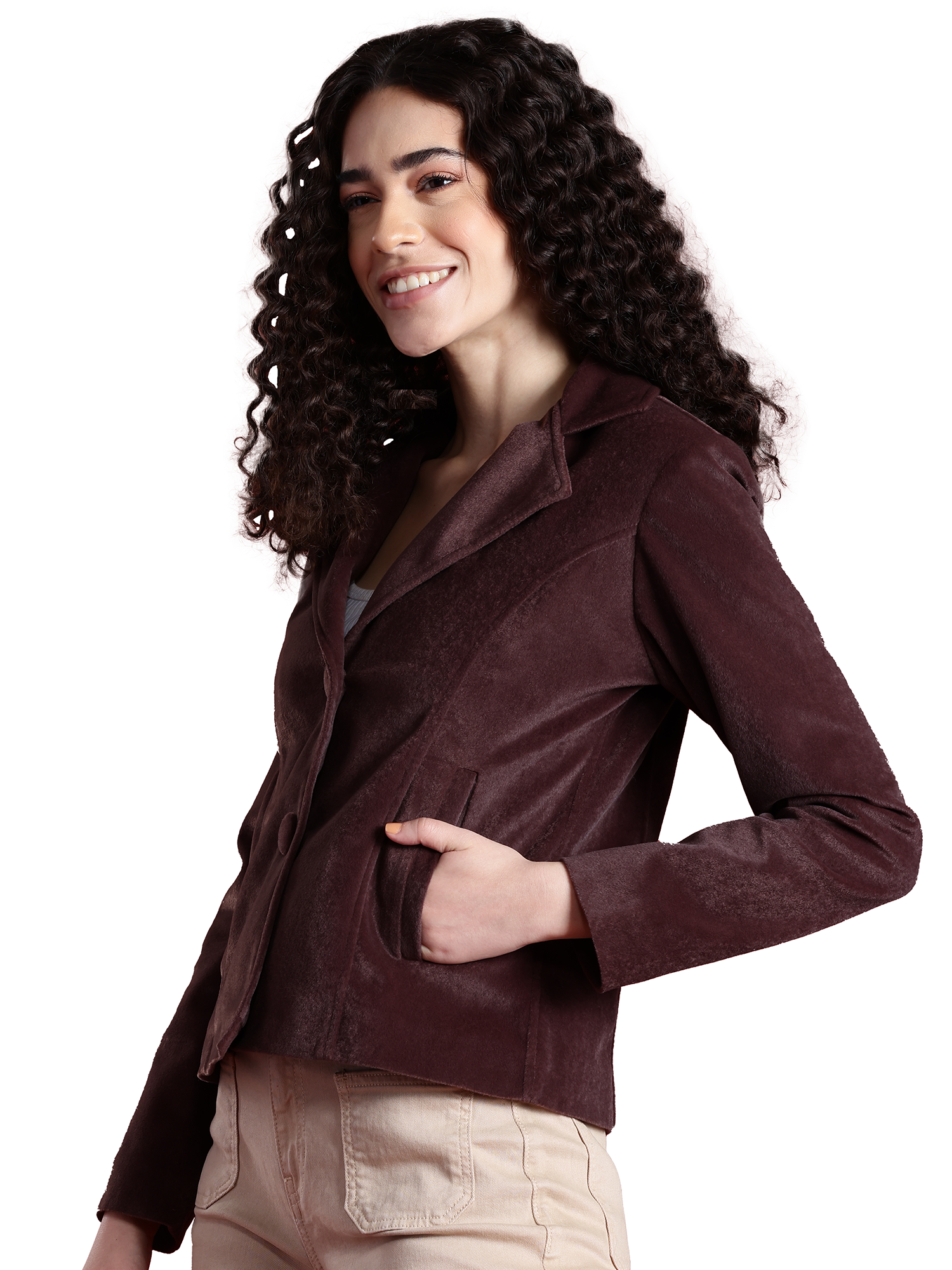 Leather Retail Women Full Sleeve Velvet Two Button Coffee Jacket ( LRVEL2BCO )