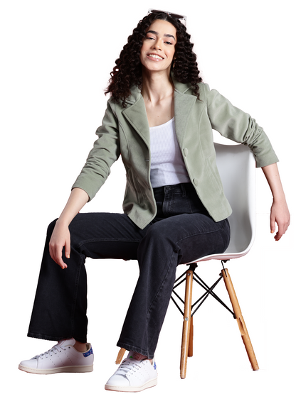 Leather Retail Women Full Sleeve Velvet Two Button Green Jacket ( LRVEL2BGR )