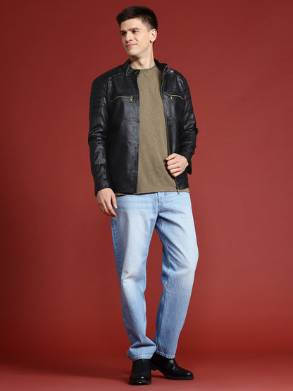 Leather Retail Men's Faux Leather Standard Length Jacket(LRDEBL)