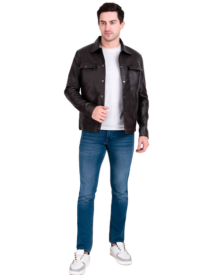 Leather Retail Coffee Faux Leather Jacket for Men's with Snap Button Closure