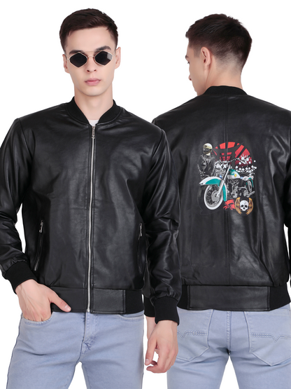 Leather Retail Men’s Graphic Print Faux Leather Biker Jacket ( LRPRELBL )