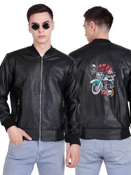 Leather Retail Men’s Graphic Print Faux Leather Biker Jacket ( LRPRELBL )
