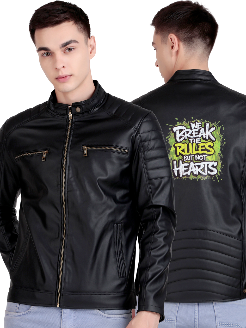 Leather Retail Men's Faux Leather Printed Jacket We Break the Rules ( LRPRDEBL )