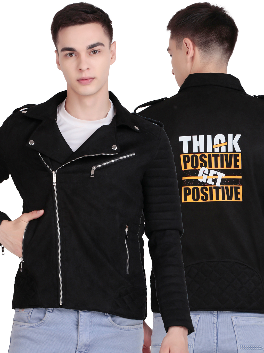 Leather Retail Men's Suede Faux Leather Printed Jacket Think Positive ( LRPRSUDRMBL )