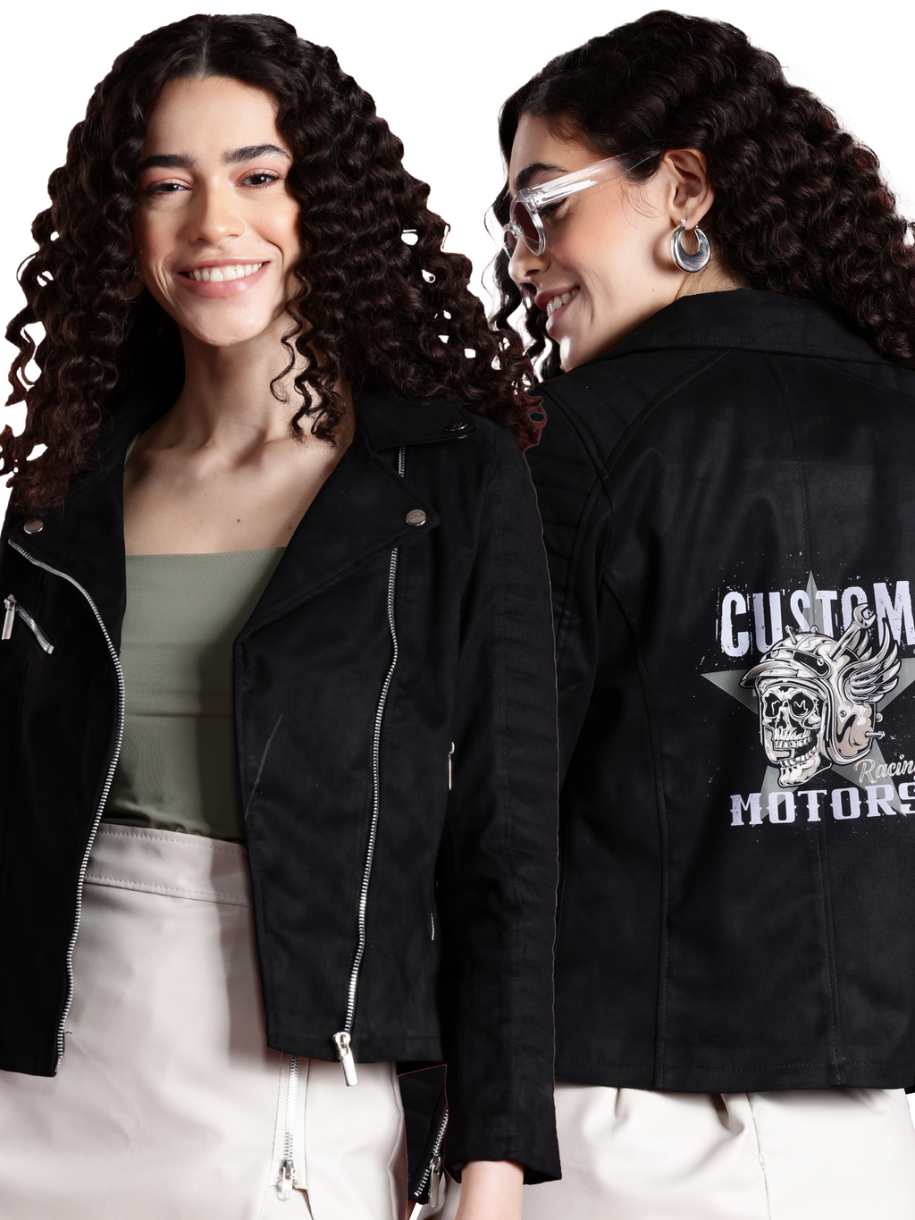 Leather Retail Women's Suede Faux Leather Graphic Printed Jacket Custom Motors ( LRPRSUDFRBL )
