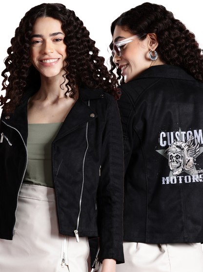 Leather Retail Women's Suede Faux Leather Graphic Printed Jacket Custom Motors ( LRPRSUDFRBL )