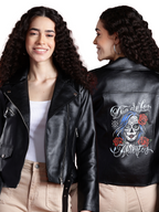 Leather Retail Women's Faux Leather Full Sleeve Skeleton Face Graphic Printed Jacket ( LRPRF11BL )