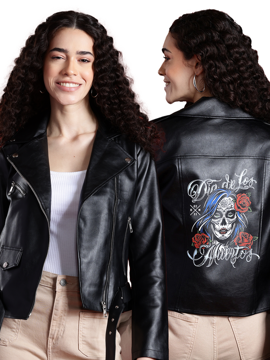 Leather Retail Women's Faux Leather Full Sleeve Skeleton Face Graphic Printed Jacket ( LRPRF11BL )