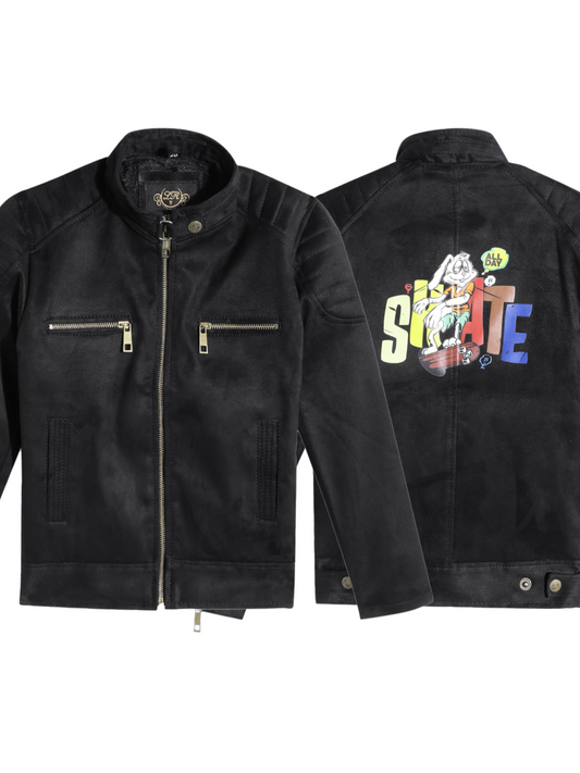 Leather Retail Boy's Suede Faux Leather Graphic Printed Jacket Rabbit ( LRPRKDSUDDEBL )