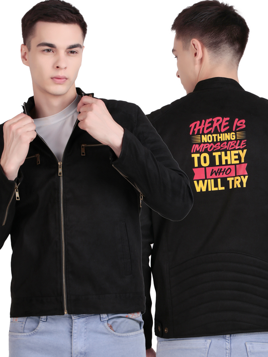 Leather Retail Men's Suede Leather Quotes Printed Jacket ( LRPRSUDDEBL )