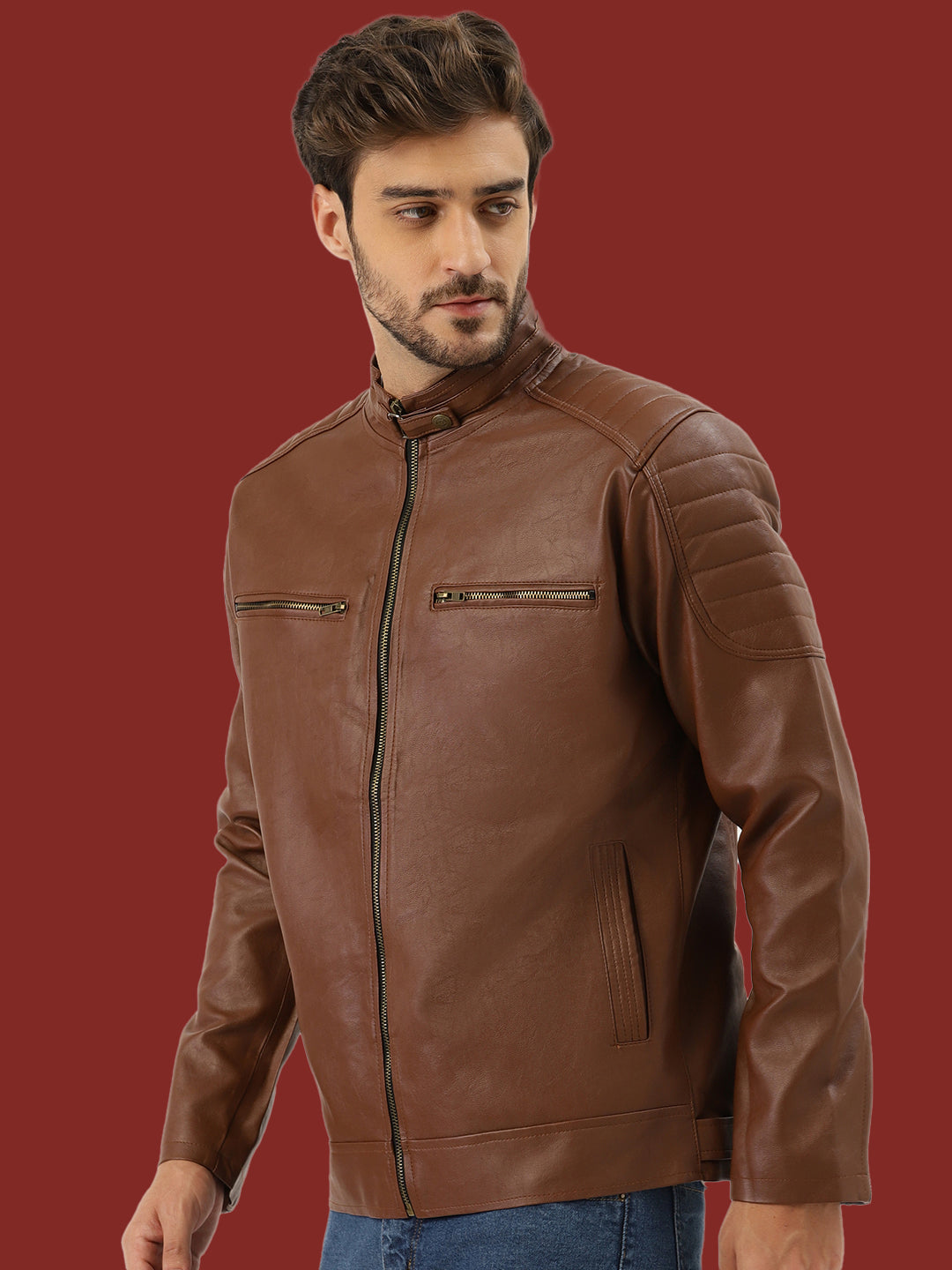 Leather Retail Brown Faux LeatherBiker Jacket for Men's(LRBRBR)