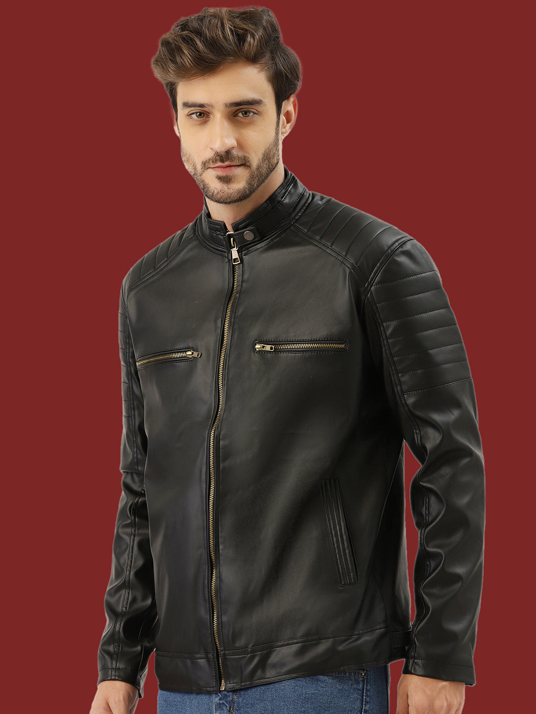 Leather Retail Men's Faux Leather Standard Length Jacket(LRDEBL)