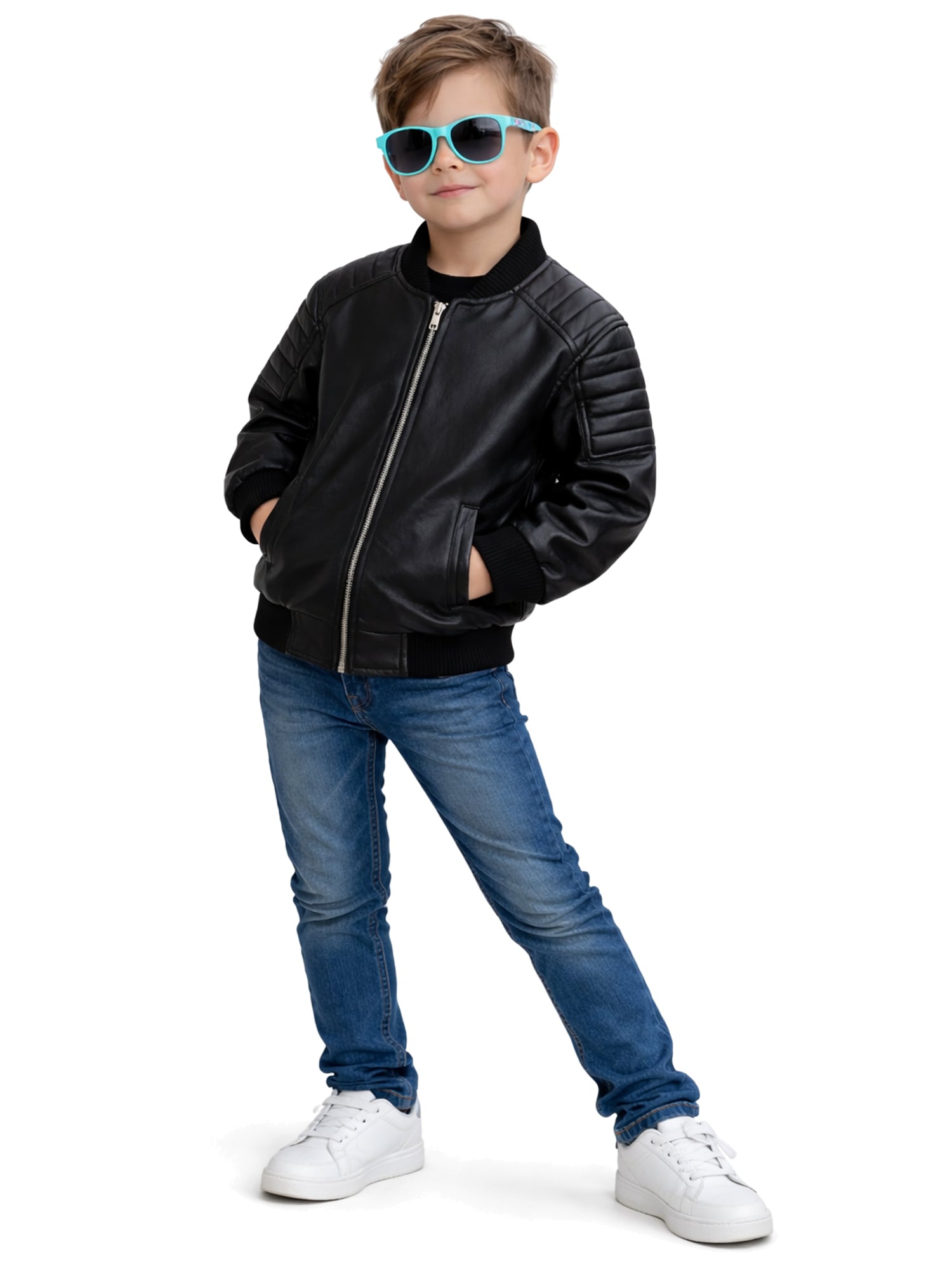Leather Retail® Black Faux Leather Jacket for Kids( LRKDELBL )