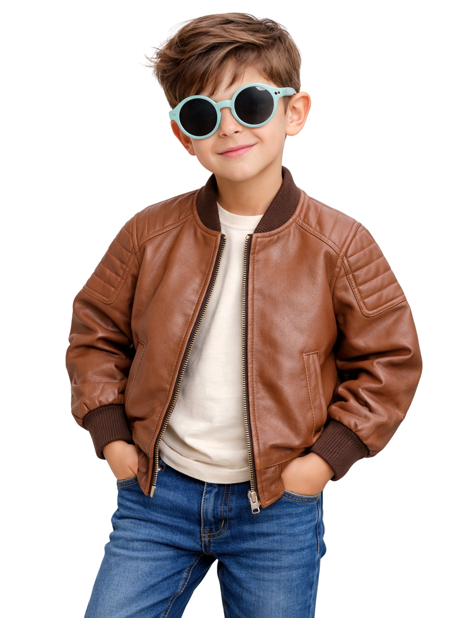 Leather Retail Kid's Full Sleeves Winter Jacket With Side Pocket_Brown  ( LRKDELBR01 )