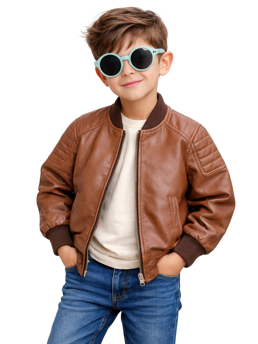 Leather Retail Kid's Full Sleeves Winter Jacket With Side Pocket_Brown