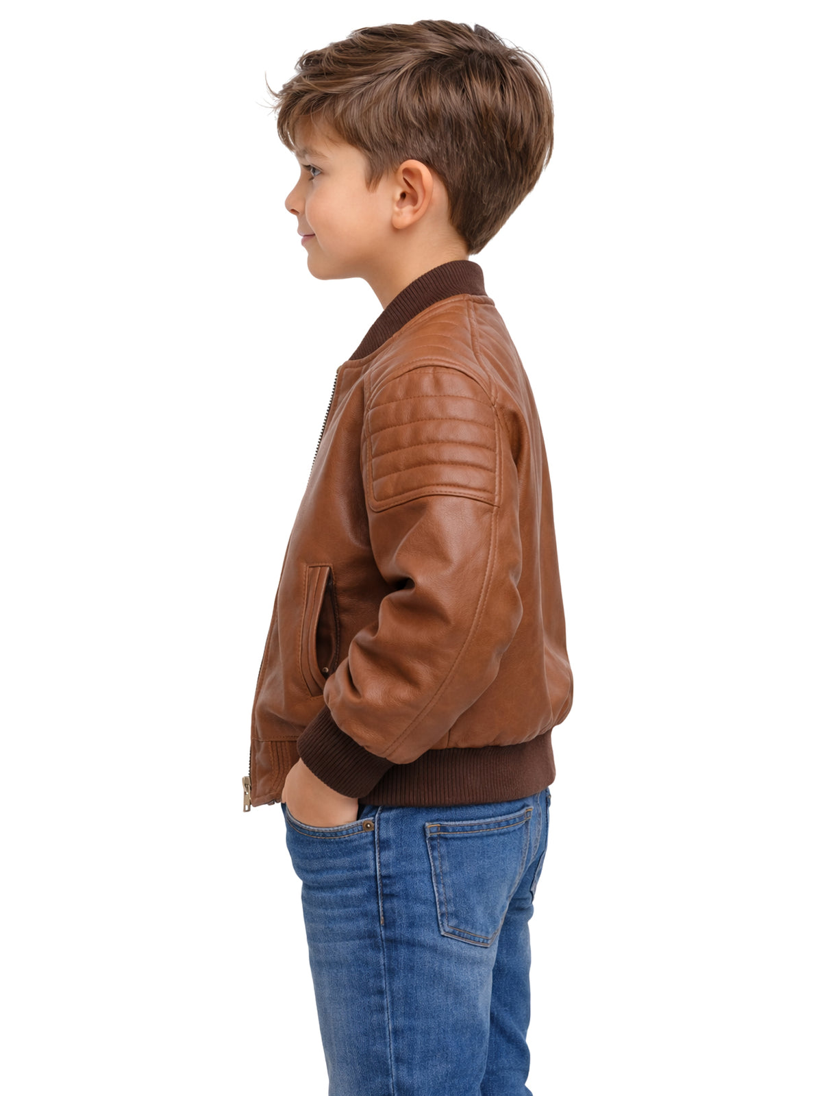 Leather Retail Kid's Full Sleeves Winter Jacket With Side Pocket_Brown