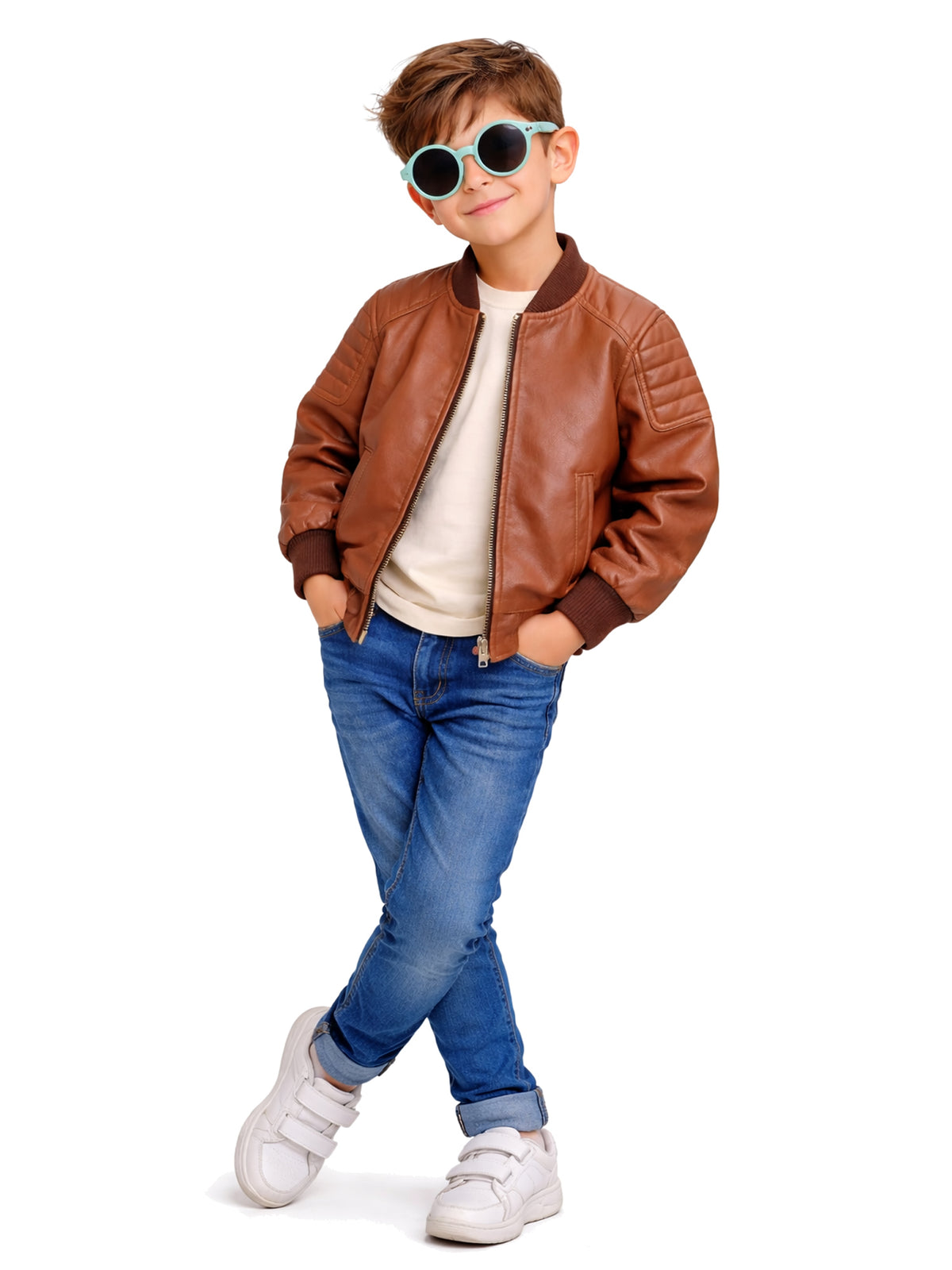 Leather Retail Kid's Full Sleeves Winter Jacket With Side Pocket_Brown