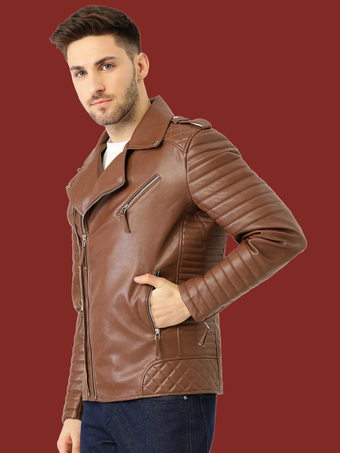 Leather Retail® Men's Solid Biker Jacket(LRM30BR)